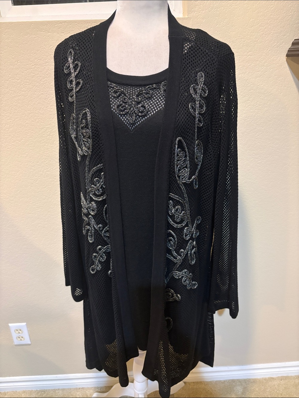 Catherines Black Open-Front 2 Piece Sweater Cardigan Set w/Silver Embroidery-2X